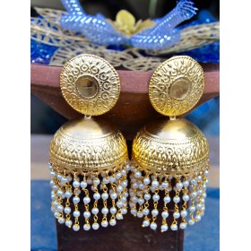 Bold Gold Matte Jhumka Earrings with Metal Carving
